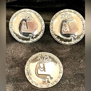 Vintage Kokopelli Earrings and Brooch silver black American Dance South Western